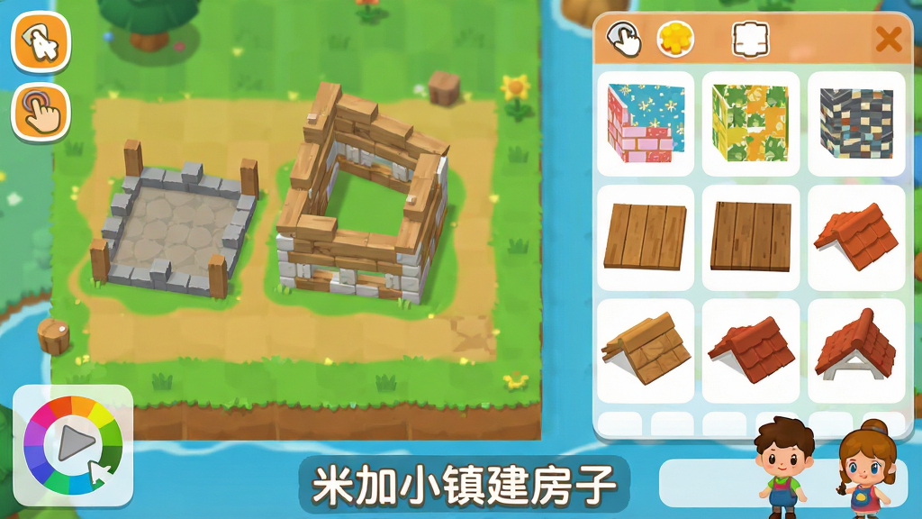 卡通风格的游戏界面截图,主体是一块空地和旁边的建筑材料面板,布局为左侧显示地基和半成品墙壁,右侧排列着各种颜色的墙纸、地板和屋顶选项。排版上软件名称“米加小镇建房子”出现在画面底部。风格为明亮活泼的2D扁平化设计,细节包括拖拽工具图标、颜色选择轮盘和可爱的角色小人。画质清晰干净,无多余元素。