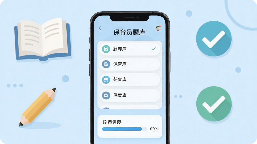 保育员题库帮软件主界面展示,手机屏幕中央显示题库分类列表与刷题进度条,背景为柔和的浅蓝色教育风格,画面包含书本、铅笔、对勾图标元素,排版简洁清晰,风格清新扁平化,细节精致,画质高清,干净无多余元素