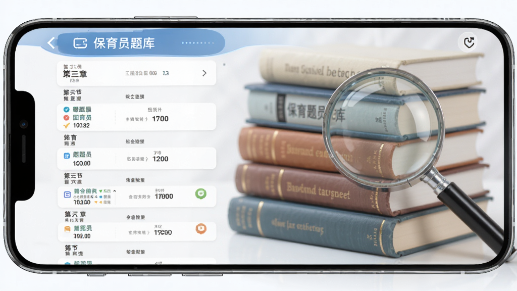 保育员题库帮海量题库界面截图,手机屏幕显示多章节题库列表和题目数量统计,背景有堆叠的书本和放大镜元素,排版整齐,风格教育科技感,细节丰富,画质清晰,干净无杂乱元素