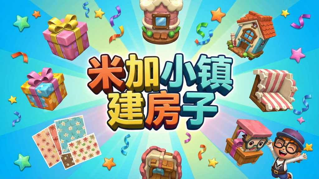 卡通风格的游戏更新宣传图,主体是几个不同风格的新家具和建筑部件漂浮在画面中,布局采用中心放射状排列,周围有星星和彩带装饰。排版上软件名称“米加小镇建房子”以立体字形式出现在画面中央。风格为色彩缤纷的庆典风格,细节包括礼物盒、新墙纸样本和角色欢呼的动作。画质鲜艳干净,无多余元素。