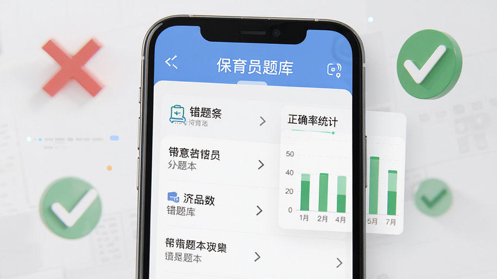保育员题库帮错题本功能界面,手机屏幕展示错题列表与正确率统计图表,背景有红色叉号与绿色对勾图标,排版清晰,风格简洁实用,细节精致,画质高清,干净无多余元素