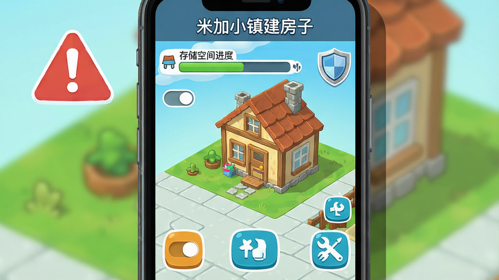 卡通风格的手机屏幕截图,主体是一个正在运行“米加小镇建房子”游戏的手机界面,布局为竖屏展示,画面中显示建造中的房屋和操作按钮,旁边有一个警告图标和盾牌图标。排版上软件名称“米加小镇建房子”出现在手机屏幕顶部。风格为简洁的科技插画风,细节包括存储空间进度条、权限开关和清理工具图标。画质清晰干净,无多余元素。
