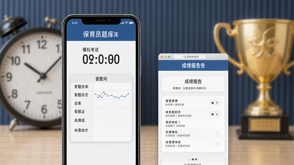 保育员题库帮模拟考试界面,手机屏幕显示考试倒计时、答题卡和成绩报告页面,背景有钟表和奖杯元素,排版规整,风格考试严肃感,细节清晰,画质高,干净无多余元素