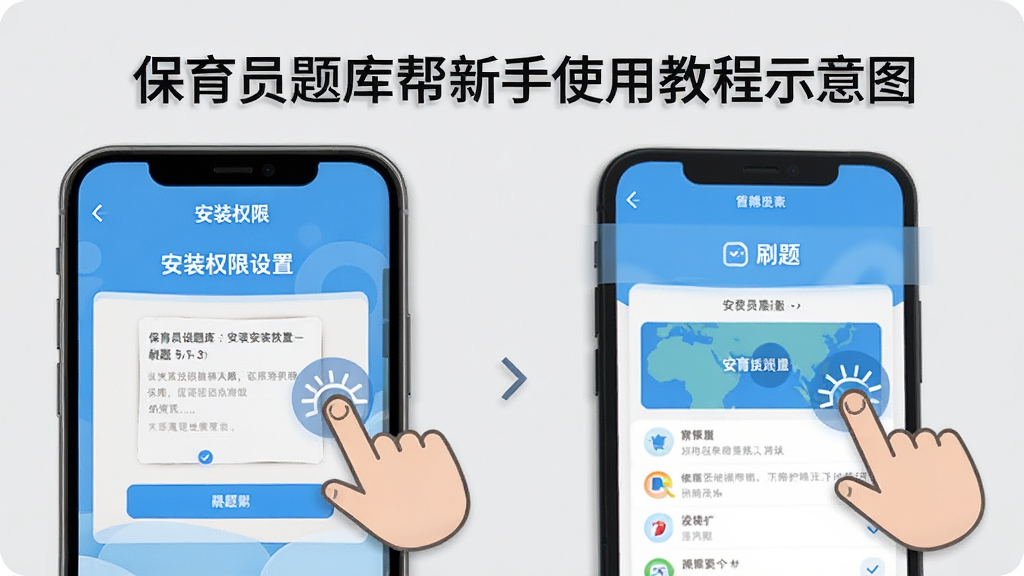 保育员题库帮新手使用教程示意图,手机屏幕显示安装权限设置与刷题界面,旁边有手指点击操作的图标,背景为浅灰色,排版分步骤展示,风格教程指引,细节清晰,画质高清,干净无杂乱元素