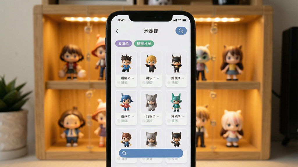 一张手机屏幕展示潮玩大整理软件主界面,界面中排列着多个盲盒手办缩略图,分为不同系列标签,背景是温馨的桌面展示柜,主体为手机居中摆放,布局简洁清晰,排版采用卡片式设计,风格为清新现代扁平化,细节包括手办图标、分类标签、搜索按钮,画质高清,干净,无多余元素