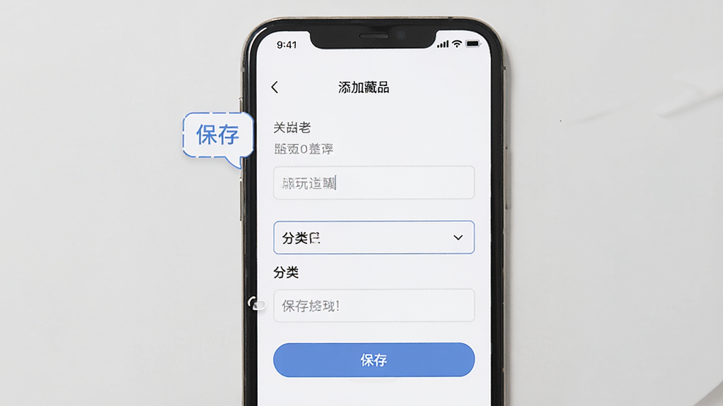 潮玩大整理新手操作示意图,主体为手机屏幕显示添加藏品表单,布局为表单字段纵向排列,排版清晰,风格为简约商务,细节包括输入框、分类下拉菜单、保存按钮、提示气泡,画质高清,干净,无多余元素