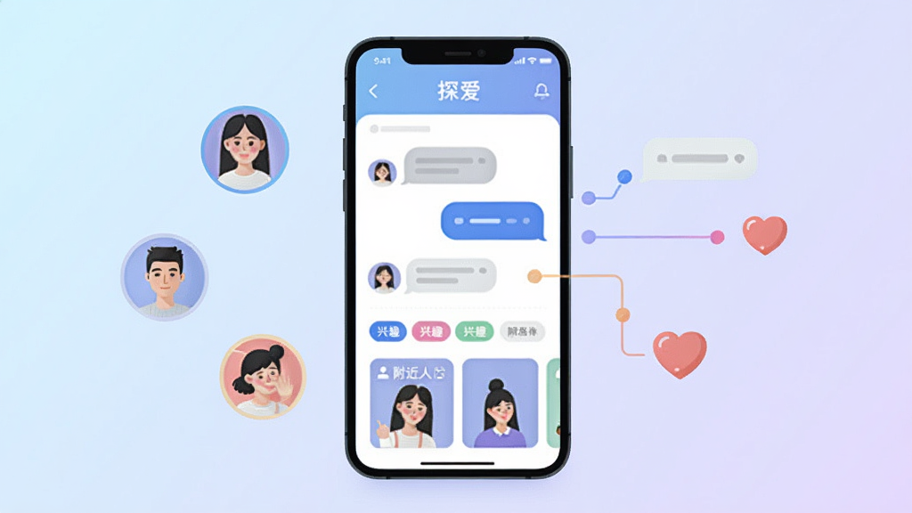 画面中央放置一部智能手机,屏幕显示“探爱”应用主界面,界面中包含聊天气泡、用户头像、兴趣标签和附近的人卡片。手机左侧漂浮几个圆形头像图标,右侧延伸出连接线指向聊天气泡和爱心符号。整体采用扁平化插画风格,背景为浅蓝到淡紫的渐变,画面干净整洁,光线柔和,分辨率高,无多余装饰元素。