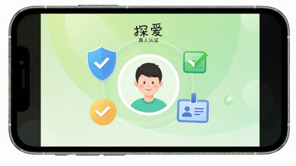 一部手机屏幕显示“探爱”真人认证页面,画面中央是一个圆形头像框,周围环绕盾牌、对勾和身份证图标。背景为浅绿色渐变,风格简洁明快,线条清晰,画质干净,无杂乱文字。