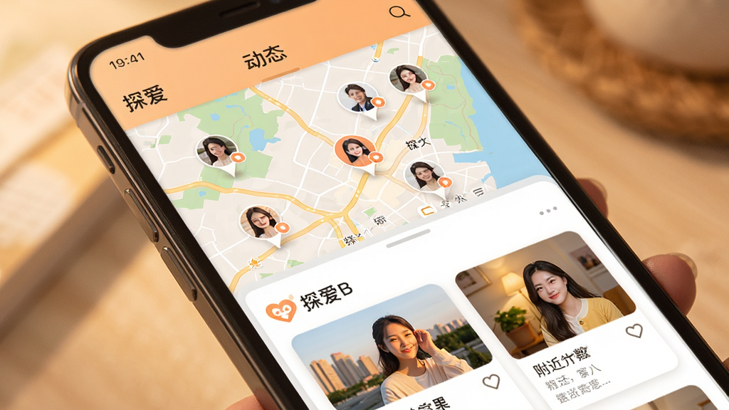 手机屏幕展示“探爱”附近动态页面,地图背景上有多个用户头像标记,下方是动态卡片列表,包含图片和文字。画面采用暖色调,风格清新,布局整齐,画质清晰,无多余元素。