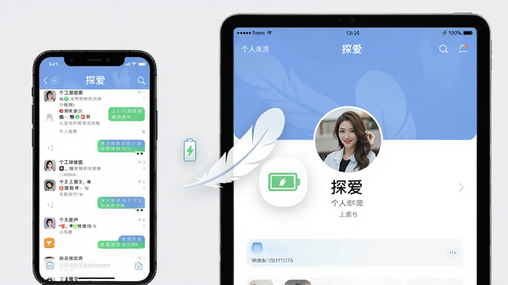 一部手机和一台平板并排展示“探爱”应用界面,手机显示聊天列表,平板显示个人主页。背景为浅灰色,画面中央有轻量化的羽毛和电池图标,风格简约,画质干净,无多余装饰。