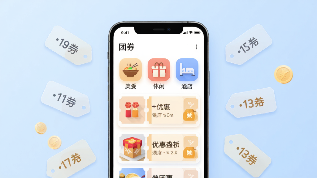 画面中央放置一部智能手机,手机屏幕上显示“团券”应用首页界面,界面中包含美食、休闲、酒店等分类图标与优惠券卡片,手机周围散落着几张半透明的折扣标签与金币元素,背景为浅蓝色渐变,布局居中对称,风格为扁平化插画,细节包含圆角卡片、柔和阴影与清晰的文字标签,画质清晰,干净,无多余元素