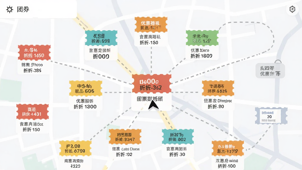 画面主体为“团券”软件界面截图风格插画,展示地图上分布着多个优惠券图标,每个图标下方标注商户类型与折扣力度,布局采用中心向外辐射的构图,风格为现代扁平化,细节包含定位光标、虚线路径与彩色标签,画质清晰,干净,无多余元素