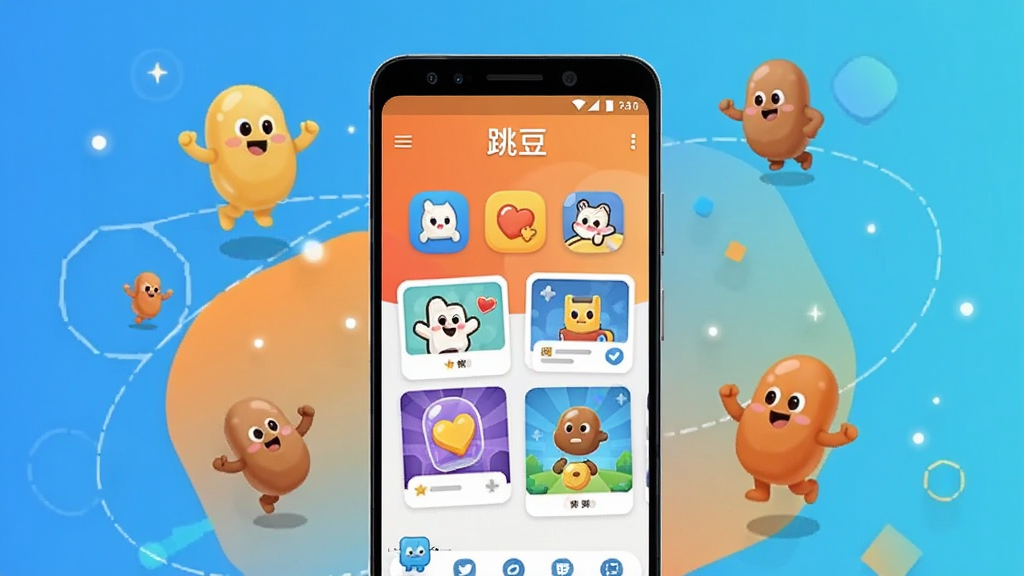 整体画面以明亮活泼的蓝橙渐变为主色调,中央放置一部安卓手机,手机屏幕中显示“跳豆”应用主界面,界面中散布着各类趣味图标与游戏卡片,四周环绕着跳跃的豆子形状卡通角色,背景是柔和的几何图形与光点,风格为扁平化科技插画,细节清晰,画质干净,无多余元素
