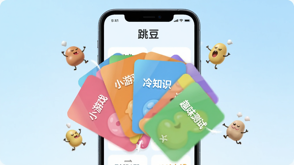 画面中央一部手机屏幕显示“跳豆”应用,屏幕中弹出多张彩色卡片,卡片上分别写有“小游戏”“冷知识”“趣味测试”等字样,卡片呈扇形展开,周围有跳跃的豆子角色在互动,背景为浅蓝色渐变,风格简约清新,画质干净,无多余元素