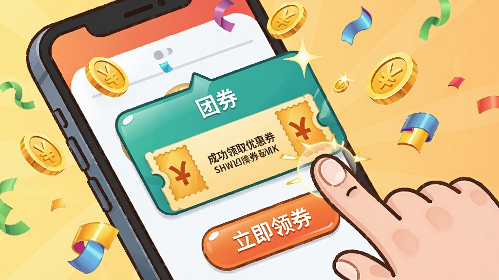 画面展示一只手点击手机屏幕上的“立即领券”按钮,屏幕中弹出“团券”成功领取优惠券的提示框,周围有金币与彩带飘落,布局为对角线构图,风格为活泼卡通,细节包含手指点击动作、按钮高光与庆祝元素,画质清晰,干净,无多余元素
