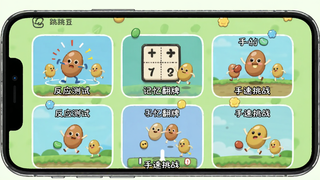 手机屏幕中显示“跳豆”小游戏合集界面,屏幕上有多个游戏缩略图,如“反应测试”“记忆翻牌”“手速挑战”,每个缩略图旁有跳跃的豆子角色在演示玩法,背景为浅绿色,风格卡通简约,画质干净,无多余元素