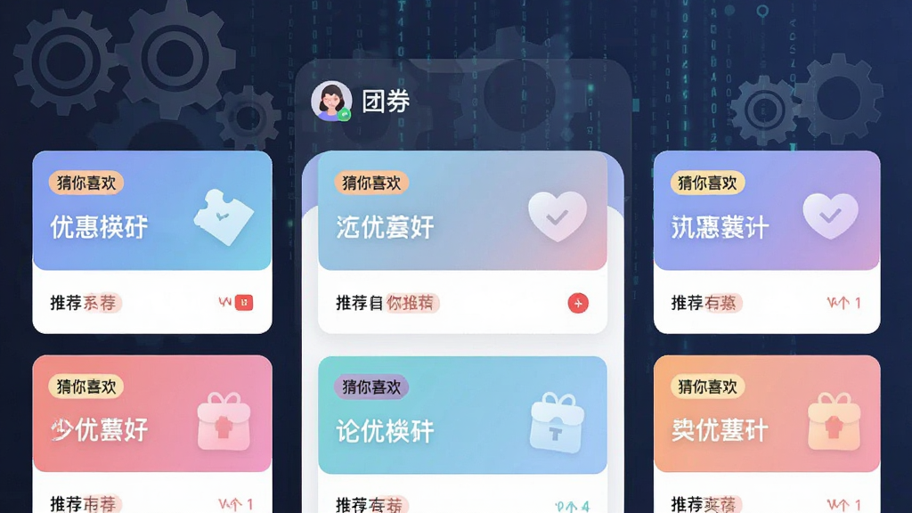 画面中央为“团券”应用界面,界面中展示多个个性化推荐的优惠卡片,卡片上带有“猜你喜欢”标签,背景有淡淡的齿轮与数据流图案,布局为网格状排列,风格为科技简约,细节包含用户头像、推荐标签与柔和渐变,画质清晰,干净,无多余元素