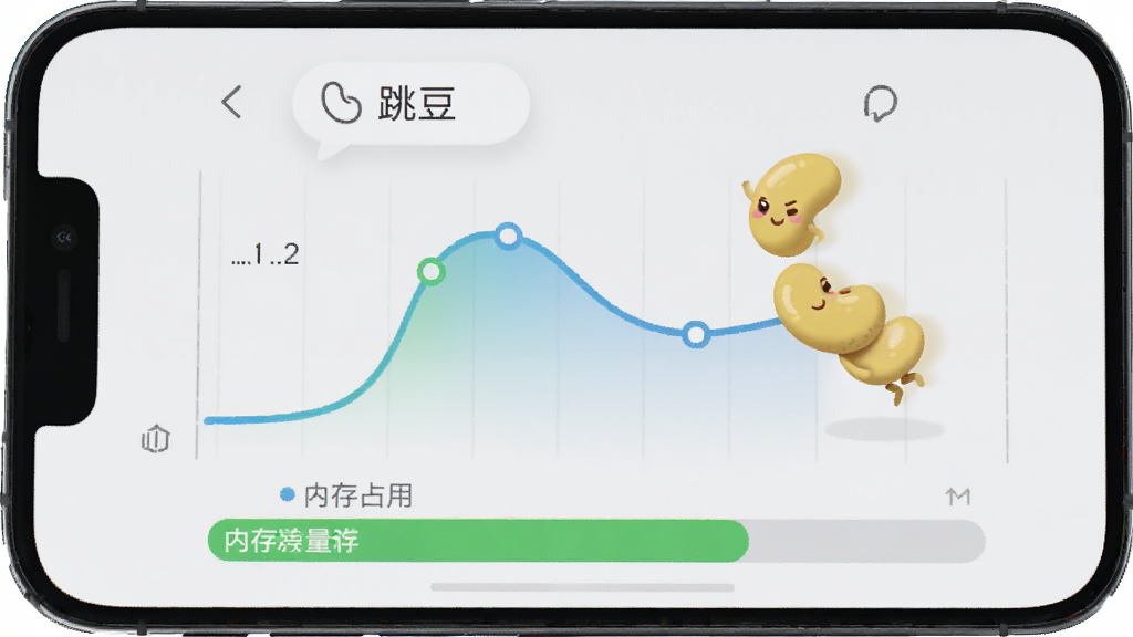 手机屏幕显示“跳豆”应用运行状态界面,屏幕中有流畅的动画曲线和内存占用指示条,旁边有跳跃的豆子角色在展示轻量化的特点,背景为浅灰色极简风格,画质干净,无多余元素