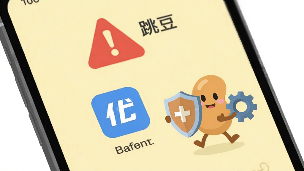 手机屏幕显示“跳豆”新手引导页面,屏幕中有红色警告标志和蓝色优化提示图标,旁边有跳跃的豆子角色手持盾牌和齿轮,背景为浅黄色,风格扁平化说明图,画质干净,无多余元素