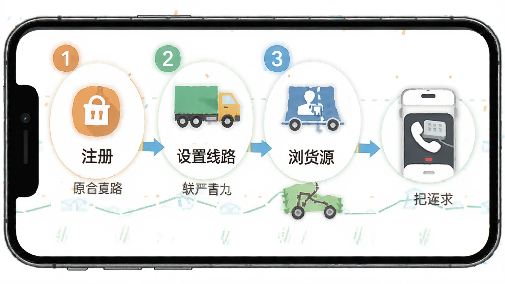 货车找货司机新手操作流程图,画面以手机屏幕为载体,分步骤展示注册、设置线路、浏览货源、拨打电话四个环节,用数字标注顺序,风格扁平化,色彩明快,高清画质,干净无多余元素