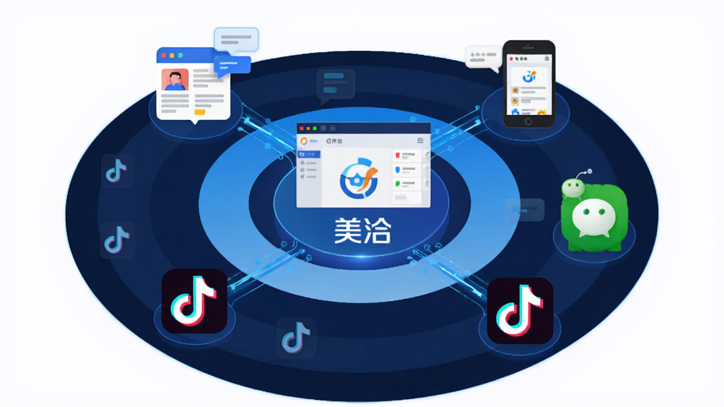 美洽全渠道消息聚合功能示意图,画面以同心圆结构展示,中心为美洽Logo,外围环绕网页、手机、微信、抖音等平台图标,用连线汇聚到中心工作台,风格为科技感矢量插画,细节包含消息气泡、平台小图标、连接线条,画质清晰,干净,无多余元素