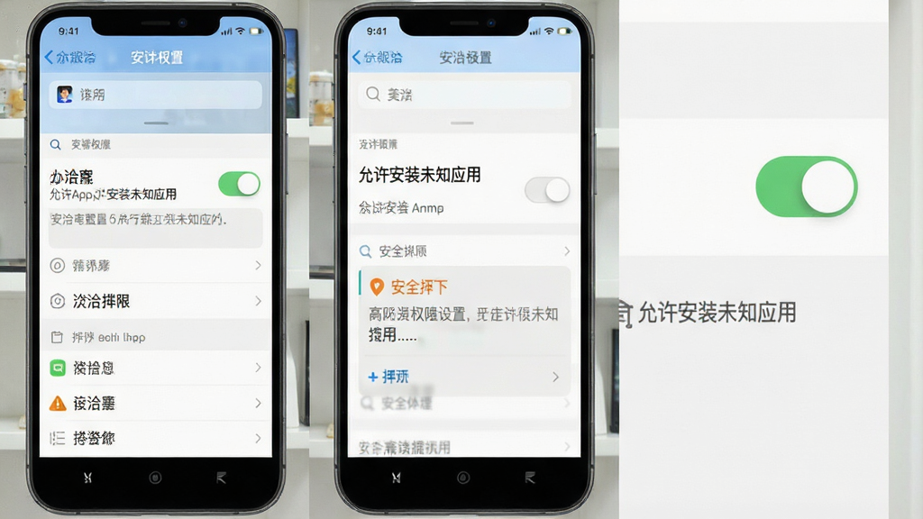 美洽App安装权限设置界面,画面为手机屏幕截图风格,显示“允许安装未知应用”开关与安全提示文字,风格为简洁系统UI,细节包含开关按钮、警告图标、设置列表,画质清晰,干净,无多余元素