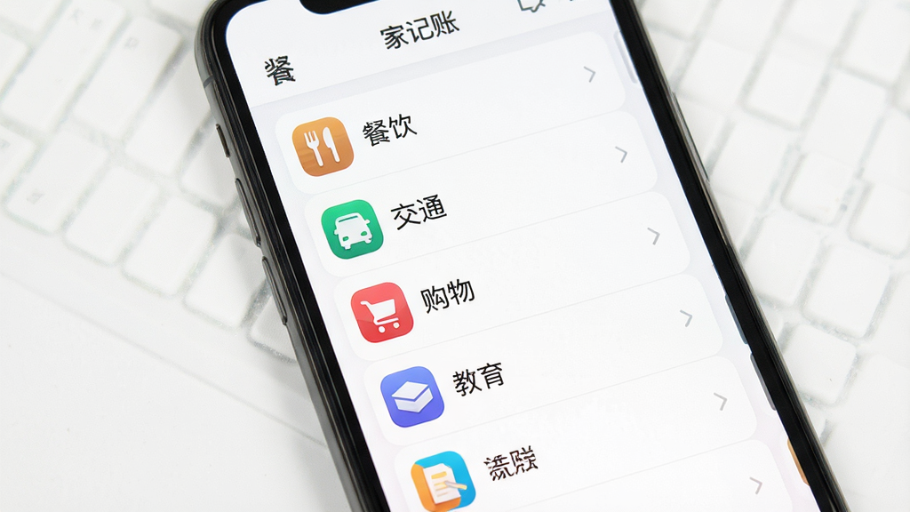 一张展示手机记账软件分类界面的图片,主体是手机屏幕,屏幕上呈现
