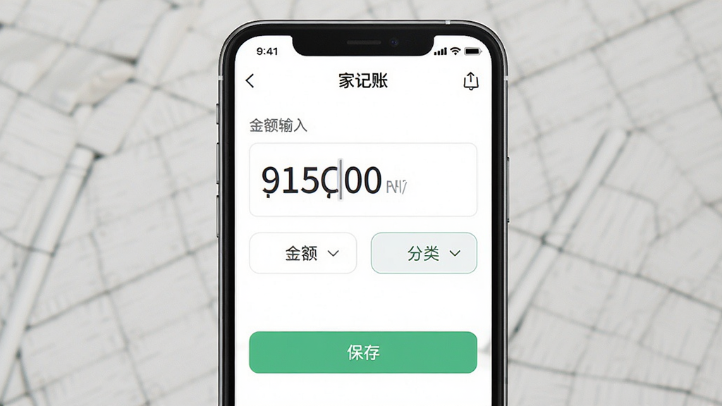 一张展示手机记账软件操作界面的图片,主体是手机屏幕,屏幕上显示
