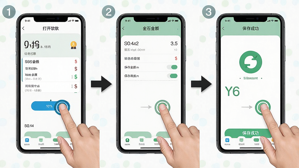 一张展示手机记账软件操作步骤的示意图,画面分为三个部分,分别展示打开软件、输入金额、保存成功的操作流程,主体是手机屏幕和手指点击动作,布局为横向三格排列,风格为教程图解风格,细节包括步骤编号和操作箭头指示,画质高清,画面干净,无多余元素