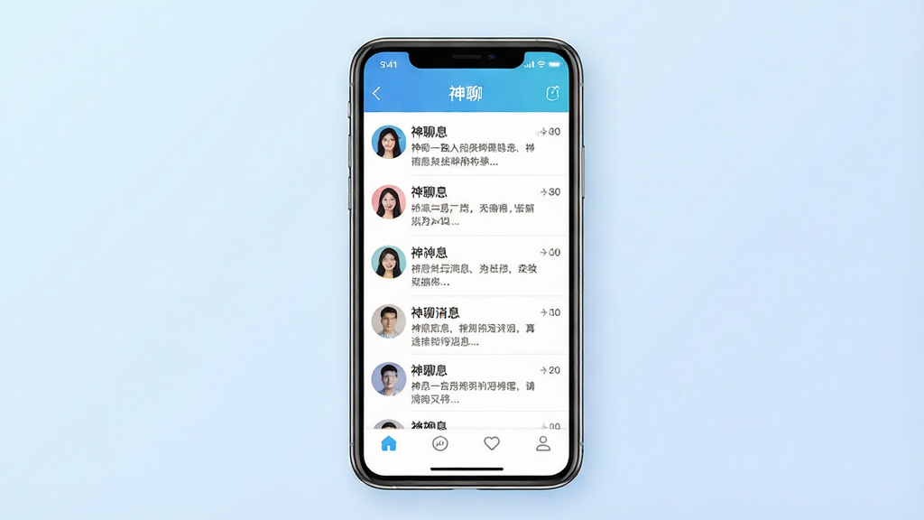 一张展示神聊应用主界面的概念图,画面中央是一部智能手机,屏幕显示神聊聊天列表界面,界面顶部有“神聊”字样,聊天列表包含多个头像和消息预览,底部有导航栏图标,背景为淡蓝色渐变,风格现代简洁,细节清晰,画质干净,无多余元素