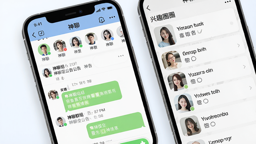 一张展示神聊群组聊天与兴趣圈子功能的概念图,画面中手机屏幕显示一个名为“神聊”的群聊界面,群成员头像排列在顶部,下方有群公告和聊天消息,屏幕另一侧显示兴趣圈子列表,风格社交化,细节清晰,画质干净,无多余元素