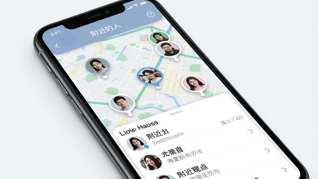 一张展示神聊“附近的人”功能的概念图,画面中手机屏幕显示地图背景,地图上有多个用户头像标记,下方列表展示附近用户信息,界面风格现代,细节清晰,画质干净,无多余元素