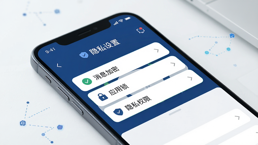 一张展示神聊隐私保护功能的概念图,画面中手机屏幕显示隐私设置界面,包含“消息加密”“应用锁”“隐私权限”等选项,界面风格安全稳重,配色以深蓝和白色为主,细节清晰,画质干净,无多余元素