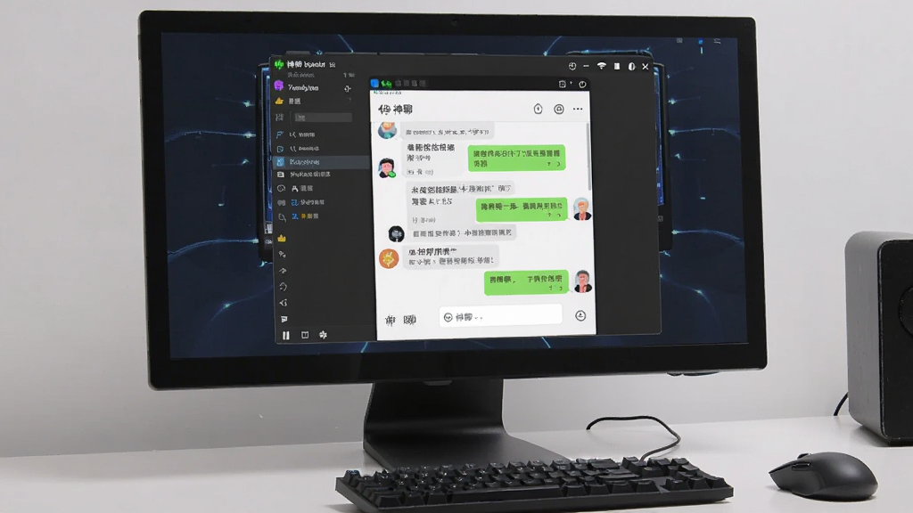 一张展示神聊在安卓模拟器中运行的概念图,画面中电脑屏幕显示模拟器窗口,窗口内是神聊聊天界面,屏幕旁边有鼠标和键盘,风格科技感,细节清晰,画质干净,无多余元素