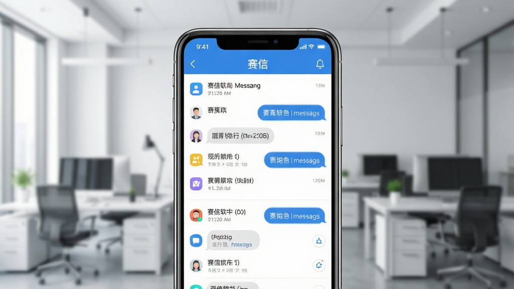 一张展示赛信软件核心界面的概念图,主体是智能手机屏幕,屏幕上显示着赛信应用的聊天列表与工作台界面,布局采用居中展示,背景是简洁的办公室环境虚化处理,风格为现代科技感,细节包括清晰的图标和消息气泡,画质高清,画面干净,无多余元素。