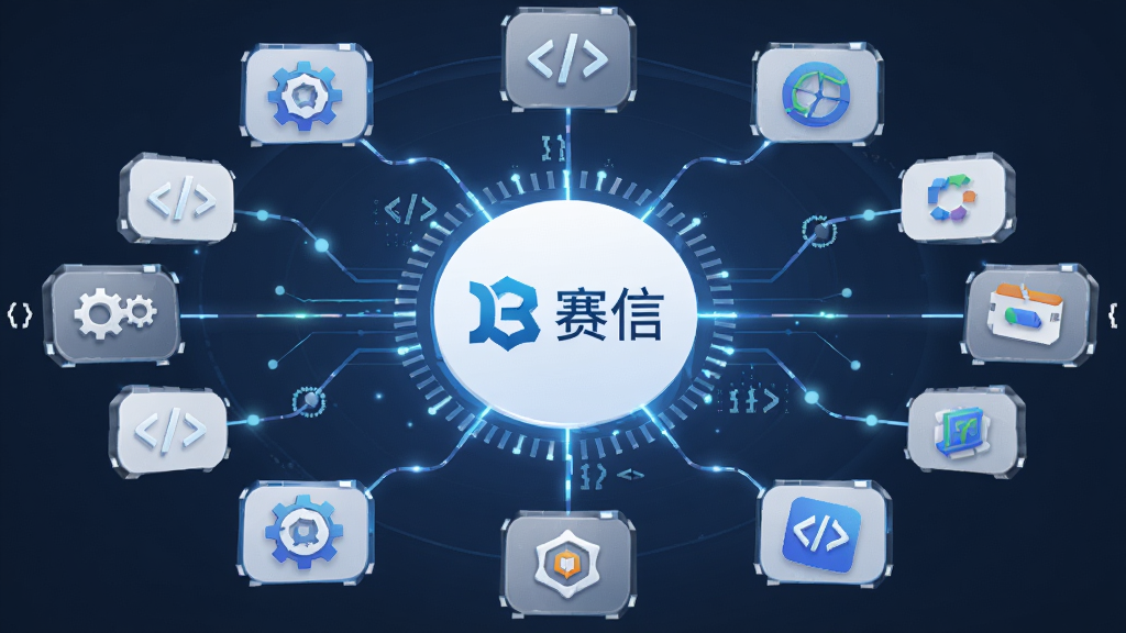 一张赛信开放集成能力的AI生图,主体是赛信图标与多个应用模块通过线条连接,布局为中心辐射状,排版富有逻辑,风格为科技互联,细节包括齿轮、代码符号与数据节点,画质高清,画面干净,无多余元素。