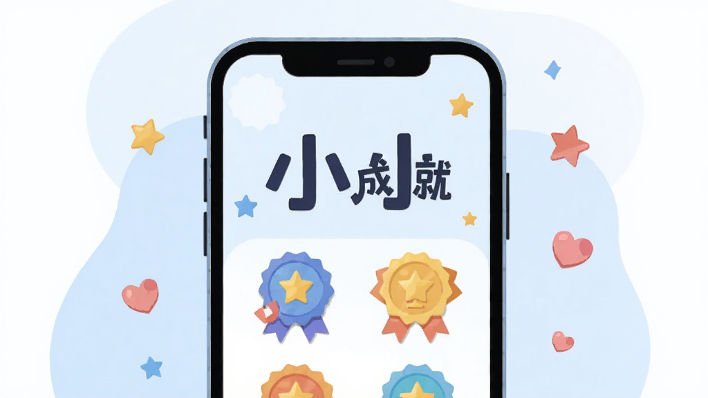 一张手机屏幕展示“小小成就”应用界面的插画,画面中央是手机正视图,屏幕内显示“小小成就”四个大字和若干彩色成就徽章,背景是柔和的淡蓝色渐变,周围散落着小星星和爱心图标,整体风格清新简约,扁平化设计,画质清晰干净,无多余元素