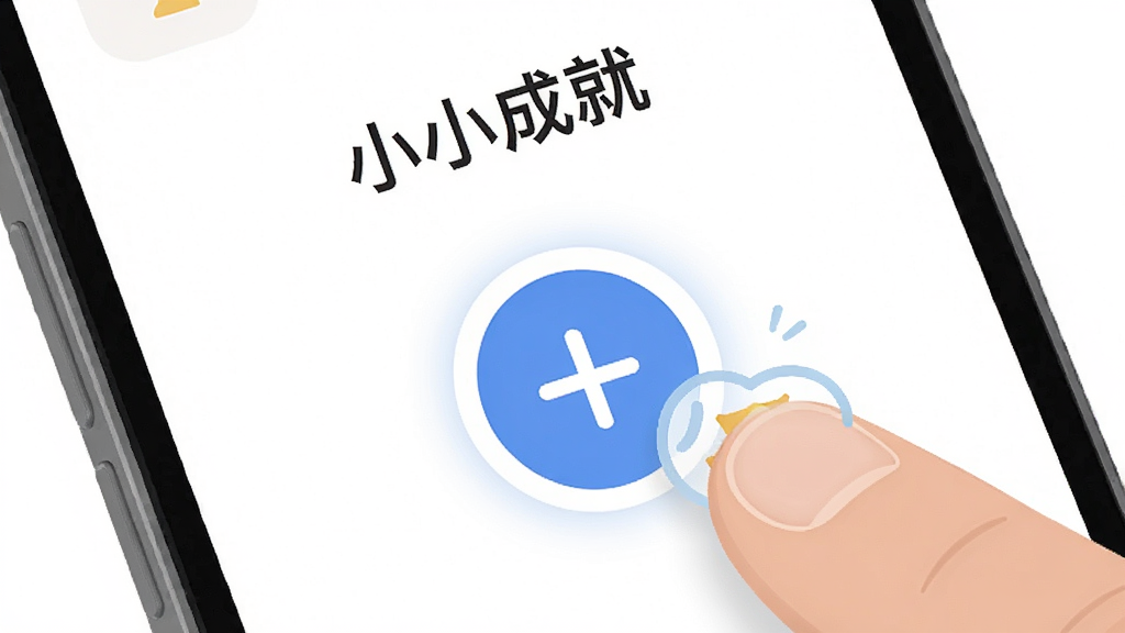 一部手机特写,屏幕上显示“小小成就”应用的新增记录界面,一个圆形加号按钮被高亮,旁边有手指点击的动画效果,背景为纯白色,界面元素简洁明了,风格现代扁平,画质干净清晰