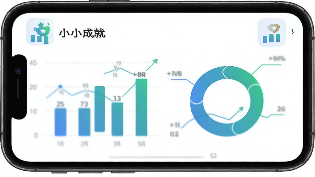 手机屏幕展示“小小成就”的数据统计页面,屏幕内显示柱状图和环形图,图表颜色为蓝绿渐变,旁边有“小小成就”应用图标,背景为白色,整体风格商务简洁,画质干净清晰