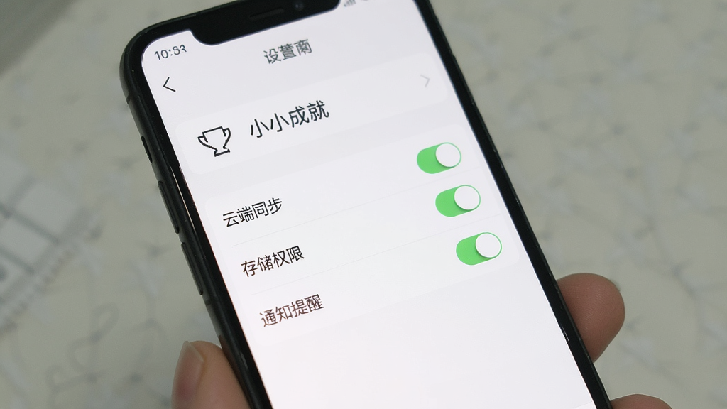 手机屏幕显示“小小成就”应用的设置界面,屏幕上有“云端同步”“存储权限”“通知提醒”等选项开关,背景为白色,界面干净整洁,风格简约商务,画质清晰