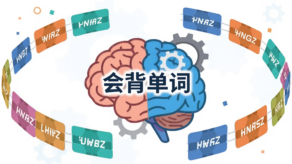 一张展示会背单词智能记忆算法概念的插画,主体为大脑与齿轮和单词卡片结合的图形,布局为中央对称构图;排版上单词卡片围绕大脑旋转排列;风格为扁平化科技插画;细节包括不同颜色的单词卡片代表不同记忆阶段,齿轮象征算法运转;画质高清,干净无多余元素,图片中文字为“会背单词”。