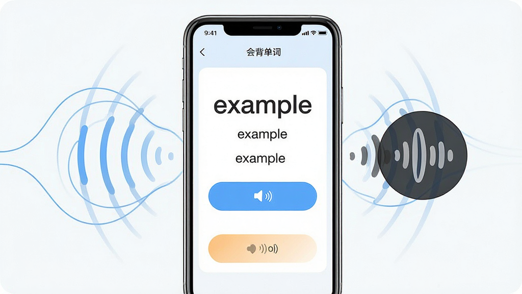 一张展示会背单词真人发音功能的场景图,主体为手机屏幕显示单词“example”及音标和发音按钮,旁边有一个声波图标;布局为手机居中,声波从手机向外扩散;排版简洁;风格为现代教育类APP视觉;细节包括发音按钮高亮、声波线条流畅;画质高清,干净无多余元素,图片中文字为“会背单词”。