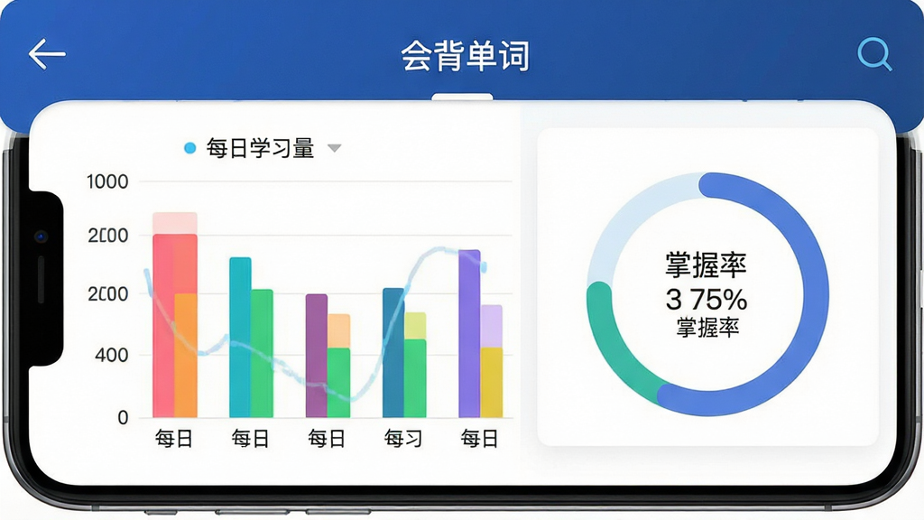 一张展示会背单词学习数据统计页面的手机截图,主体为手机屏幕显示柱状图和环形进度图,布局为手机居中;排版上图表色彩鲜明;风格为数据可视化界面;细节包括柱状图显示每日学习量、环形图显示掌握率百分比;画质高清,干净无多余元素,图片中文字为“会背单词”。