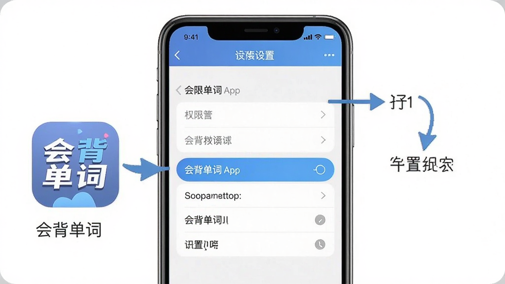 一张展示会背单词在手机上安装和设置界面的示意图,主体为手机屏幕显示权限设置页面和应用图标;布局为手机居中,旁边有箭头指示操作步骤;排版清晰;风格为教程类插图;细节包括设置选项高亮、图标为会背单词APP图标;画质高清,干净无多余元素,图片中文字为“会背单词”。