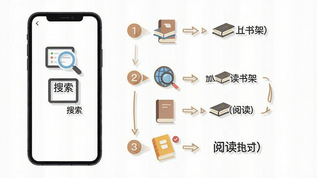 一张展示爽文小说阅读器新手操作指引的图片,画面中一部手机屏幕显示分步操作图示,包括搜索、加入书架、阅读设置三个步骤,主体为手机和步骤图标,布局为纵向排列式构图,风格为扁平化信息图风,细节包括步骤序号圆圈、箭头连接、简洁图标,画质清晰干净无多余元素