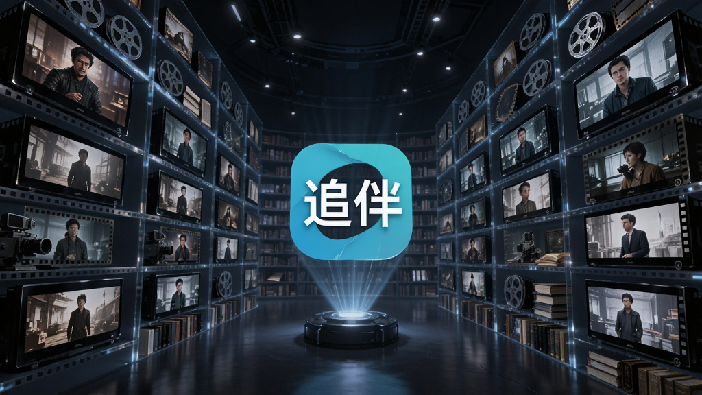 一个巨大的虚拟图书馆,书架上摆满了电影胶片和电视屏幕,屏幕中播放着各种不同类型的影视画面,中央有一块悬浮的“追伴”标志,整体风格充满科技感和未来感,画质清晰,布局对称