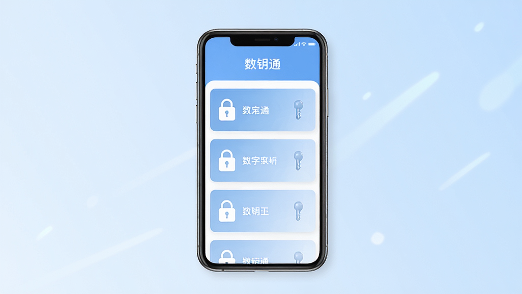 数钥通软件主界面全貌展示,画面中央是手机屏幕,屏幕内显示数钥通应用首页,顶部有“数钥通”三个字标题,下方排列着数字钥匙卡片列表,每张卡片上有锁形图标和名称文字,背景是淡蓝色渐变,整体风格简洁清爽,布局居中对称,高清画质,干净无多余元素