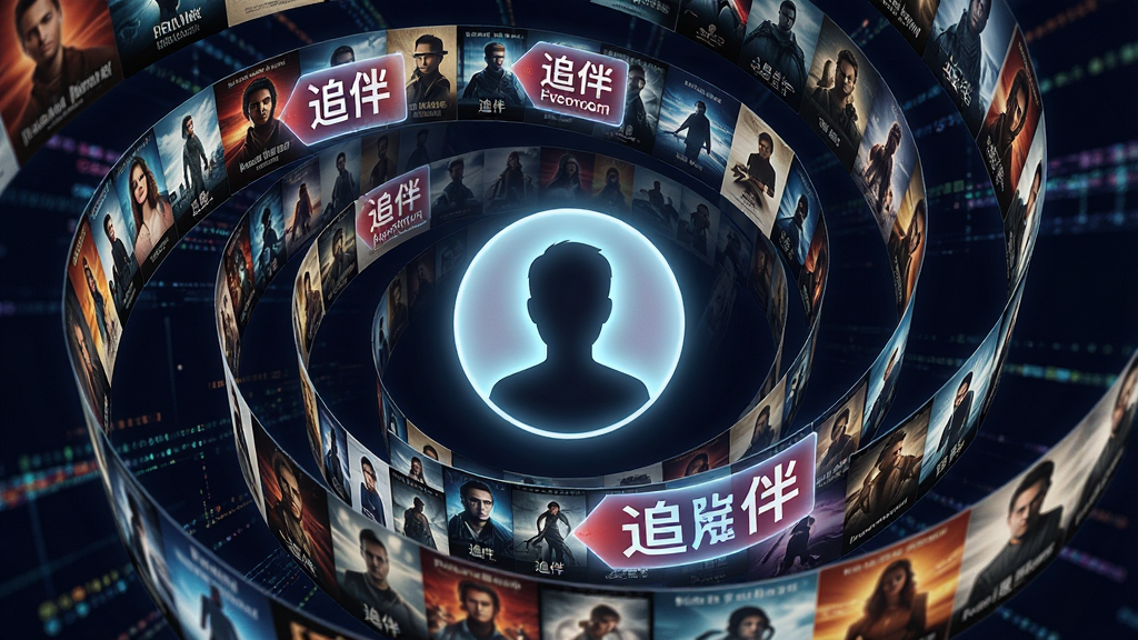 一个由无数电影海报组成的螺旋形数据流,中心是一个发光的用户头像剪影,数据流中突出显示“追伴”推荐的影片标签,风格充满数据感和个性化,色彩丰富,画质锐利