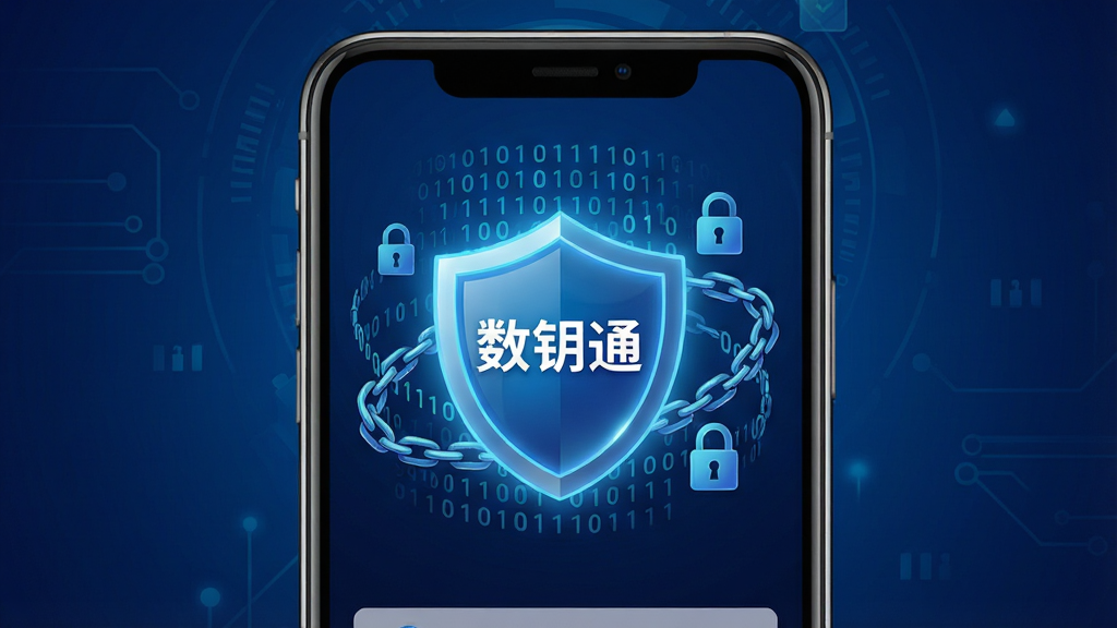 数钥通加密存储功能展示图,画面中一部手机屏幕显示数钥通应用内的加密设置页面,页面中央有一个发光的盾牌图标,盾牌上写着“数钥通”字样,盾牌周围环绕着二进制代码和锁链元素,背景为深蓝色科技感渐变,布局为盾牌居中、手机轮廓清晰,风格商务安全,细节丰富,高清画质,干净无多余元素