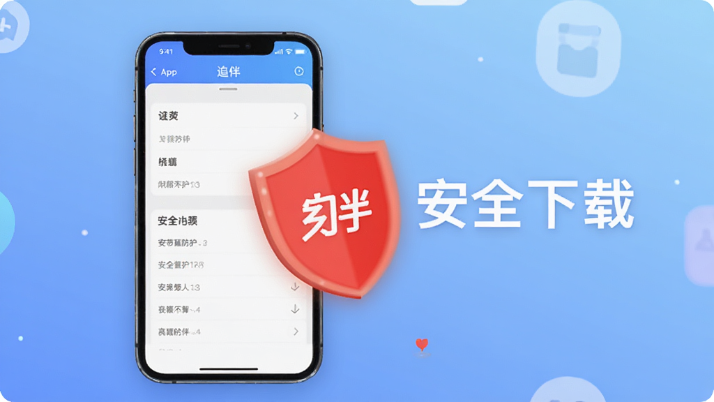 一部手机屏幕显示“追伴”APP的设置界面,旁边有一个醒目的红色盾牌图标代表安全防护,背景是柔和的渐变蓝色,画面中央有“安全下载”字样,风格简洁警示